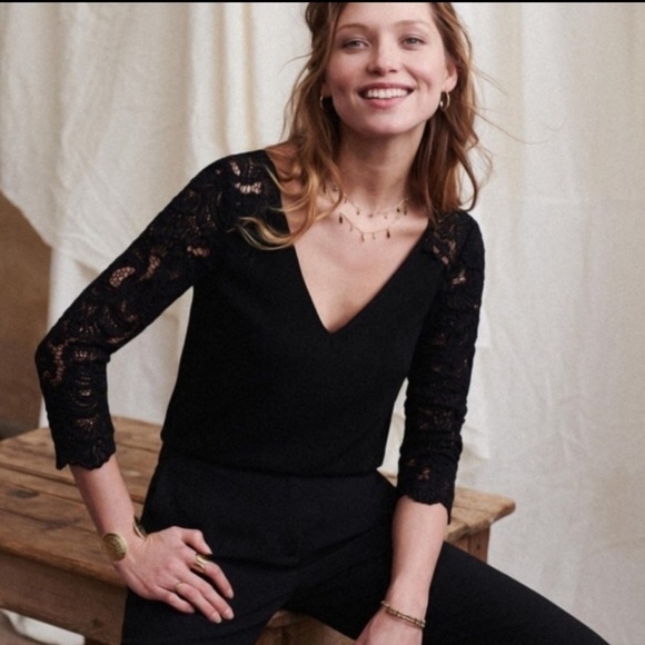 Sezane Tops - SEZANE CLAUDIA NOIR BLACK 3/4 LACE SLEEVE BLOUSE size 36/US 4